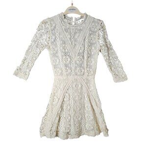Maje Cream Cotton Lace 3/4 Sleeve Fit & Flare Crotchet Ivory Boho Designer Dress
